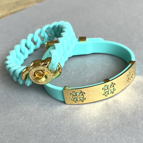 Rustic Cuff Double Silicone Stretch Bracelet Set Turquoise and Gold Stainless - Picture 2 of 3